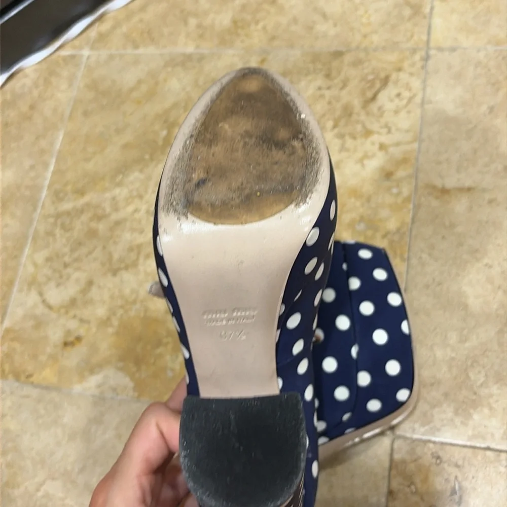 Miu Miu Blue Polka Dot Canvas Mary Jane Platform Ankle Strap Pumps